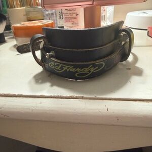 Ed Hardy Black Leather Multi-Strap Logo Bracelet with Yellow Script